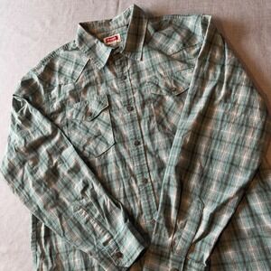 Wrangler Mens XL Western Plaid Button Down Shirt Teal Grey L/S Outdoor Rodeo